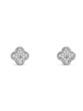 VCA Inspired White Gold Tone Cubic Zirconia Clover Stud Earrings